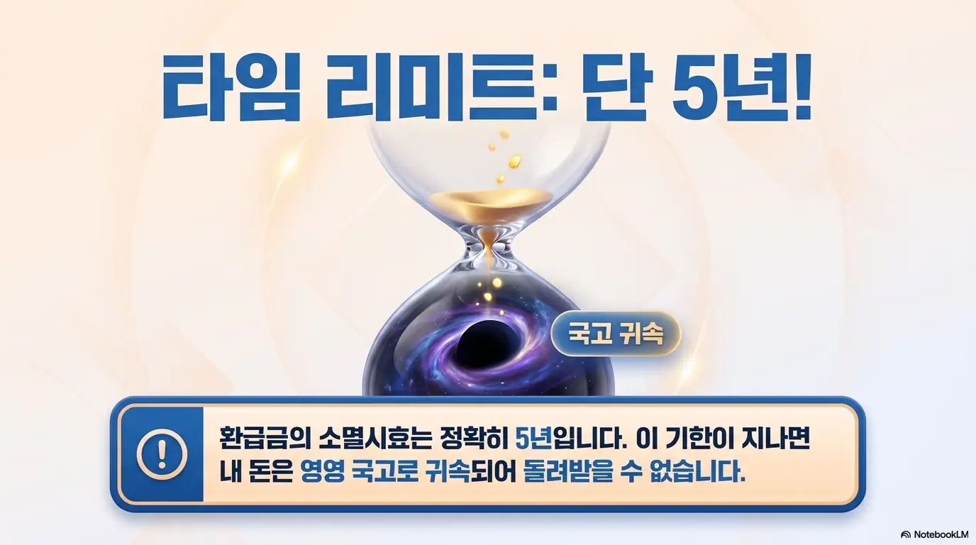 종합소득세 환급일: 모래시계가 떨어지며 환급금의 소멸시효가 정확히 5년이고 기한이 지나면 내 돈이 영영 국고로 귀속된다는 것을 경고하는 인포그래픽 이미지. 이 이미지는 종합소득세 미수령 환급금의 5년 소멸시효를 시각적으로 전달하며&amp;#44; 블로그의 미수령 환급금 처리와 관련된 내용을 설명함 
