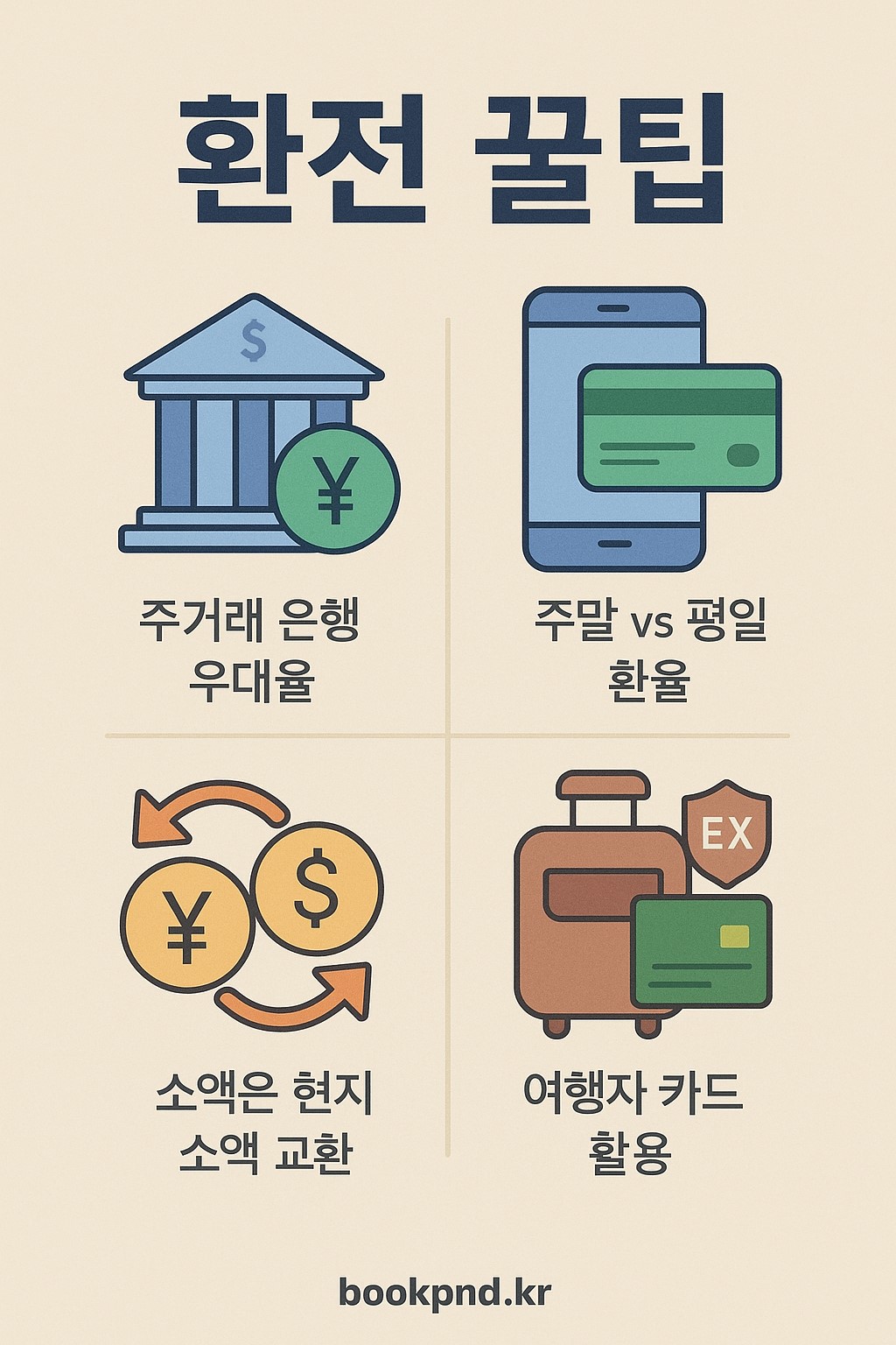 환전 실전 팁 인포그래픽: DCC 거부, 소액 분할 환전, 카드·현금·ATM 분산 전략