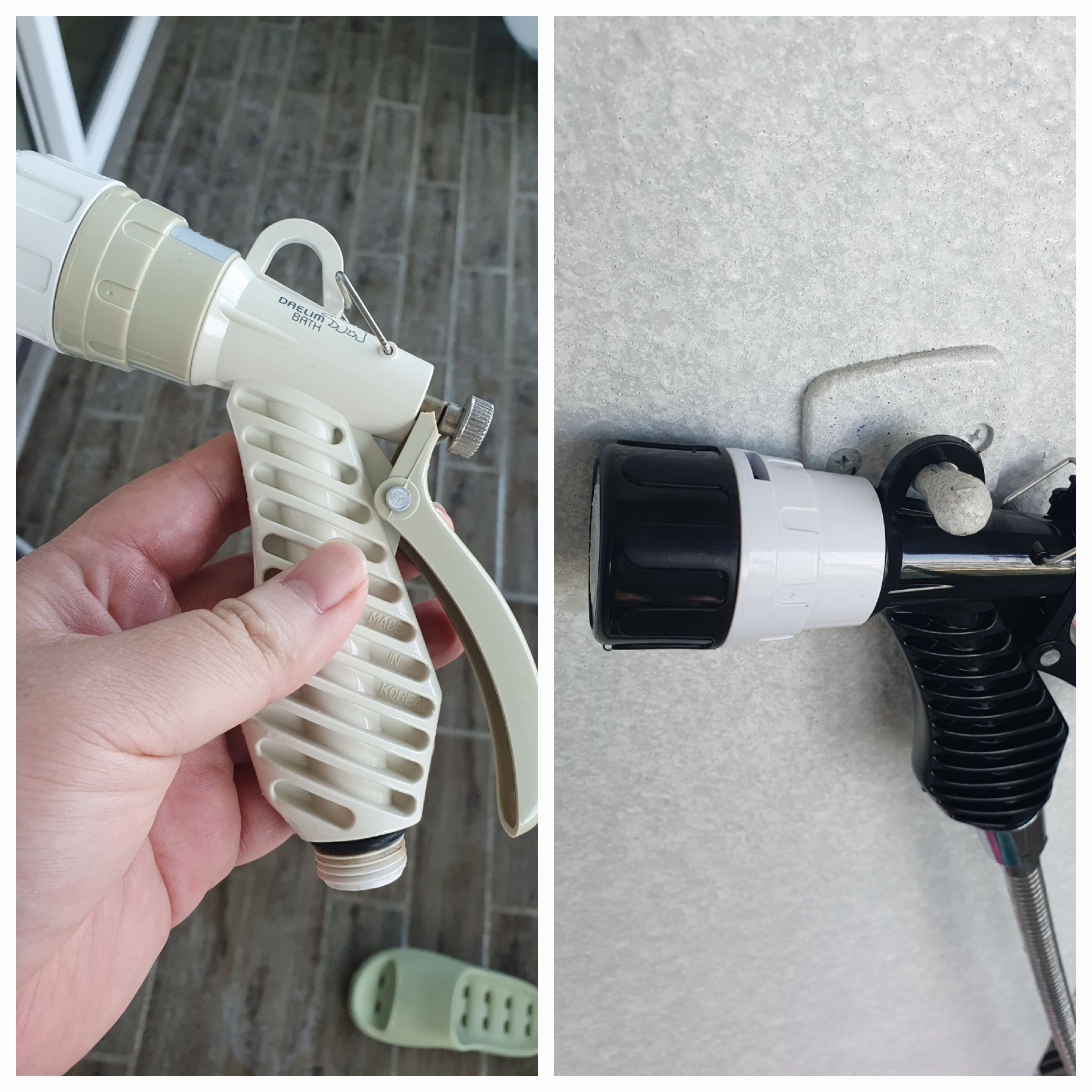 베란다 샤워건 좌) 고장난 샤워건 대림바스, 우) 새로구매한 샤워건