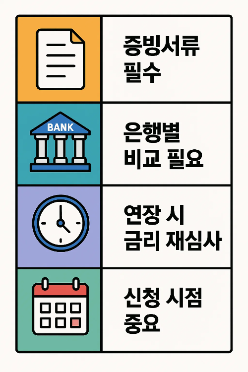 버팀목 전세자금대출 신청 과정에서 필요한 증빙서류, 은행별 비교 필요성, 연장 시 금리 재심사, 신청 시점 중요성 등을 알려주는 인포그래픽입니다.