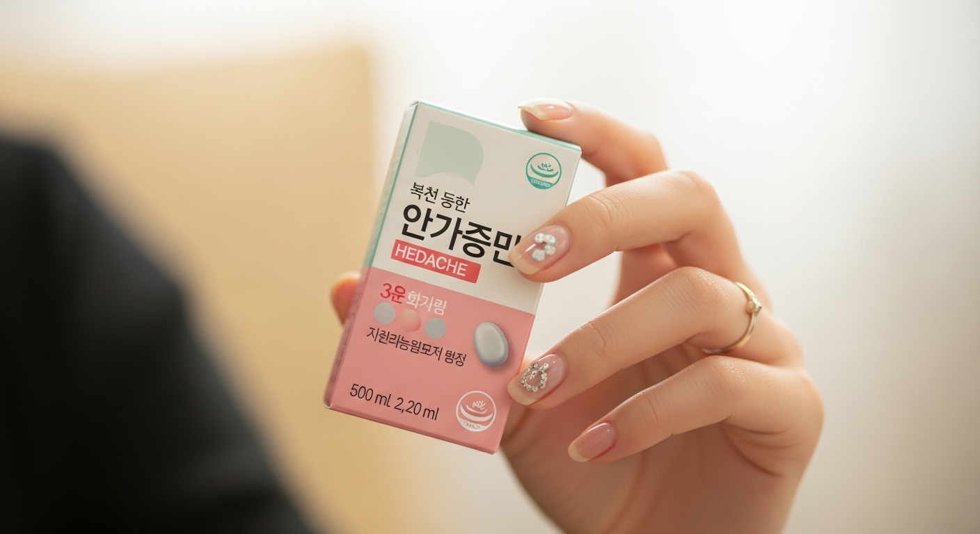 두통 약을 손에 쥔 사람의 손