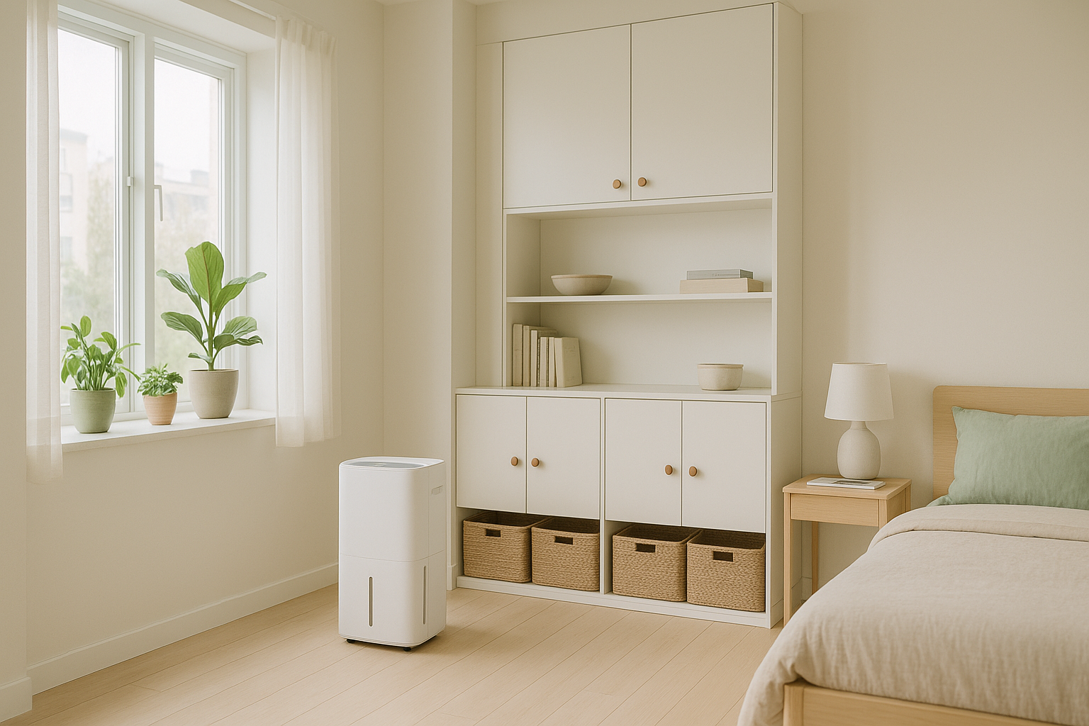 깔끔하고 모던한 작은방 인테리어, 제습기가 놓인 밝은 원룸