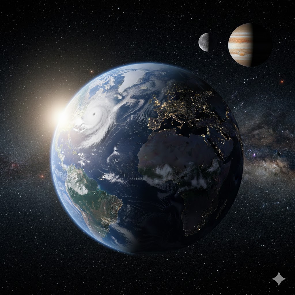 달, 목성과 함께 우주에 떠 있는 고해상도 지구 이미지. 밤과 낮이 공존하는 지구의 모습과 도시의 불빛이 돋보이는 사실적인 천체 사진 스타일.