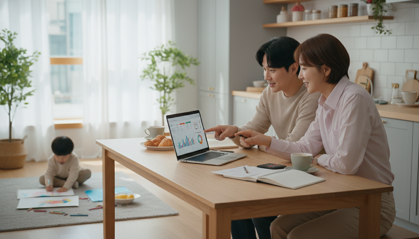 30-40대 부부가 노트북과 서류를 보며 자녀장려금 신청 조건을 확인하고 자녀의 미래를 계획하는 모습