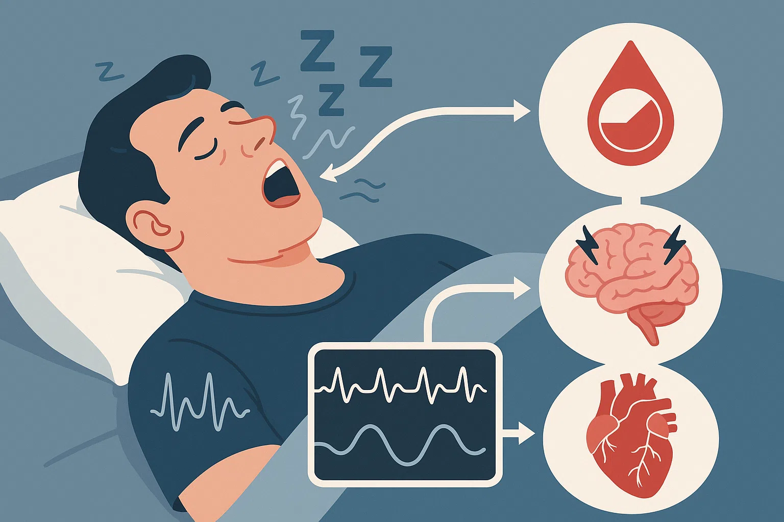 수면 중 코를 고는 사람의 혈중 산소포화도가 떨어지고, 뇌와 심장이 스트레스를 받는 과정