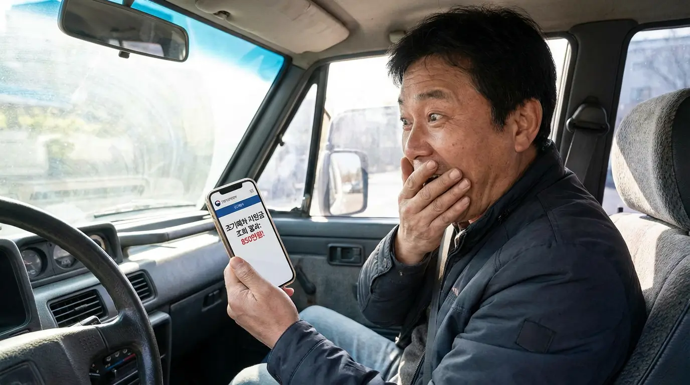 스마트폰으로 조기폐차 지원금을 조회하고 예상보다 높은 금액에 놀라워하는 차주의 모습