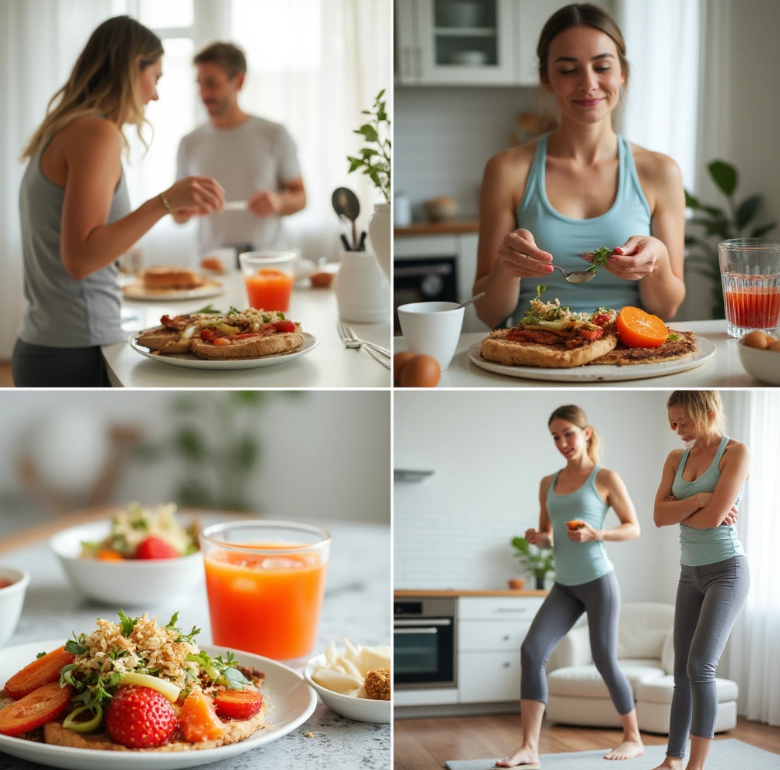 건강한 식단과 운동하는 사람들의 모습을 보여주는 콜라주