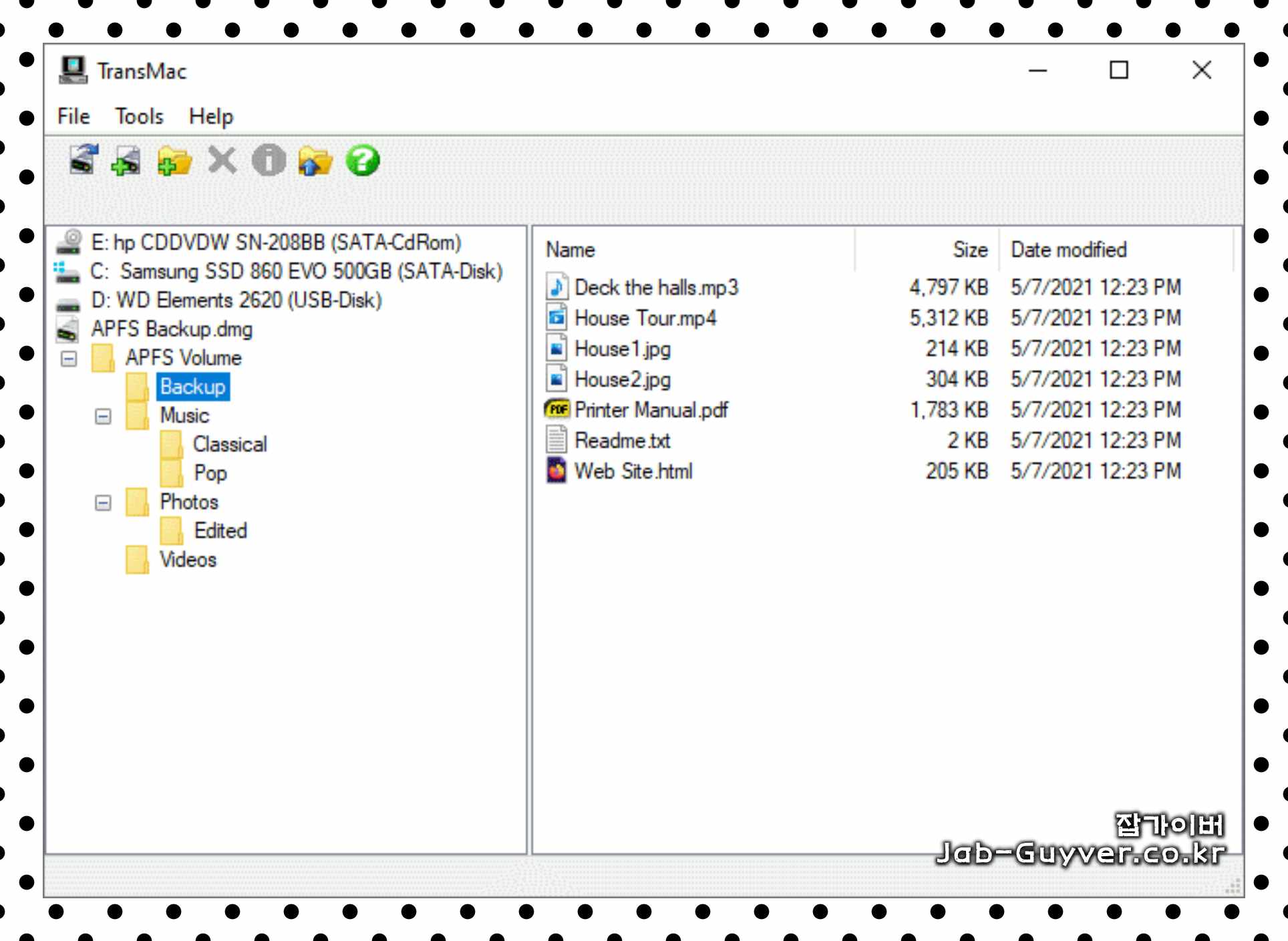 TransMac 실행 후 맥 디스크 장치 목록을 확인하는 화면