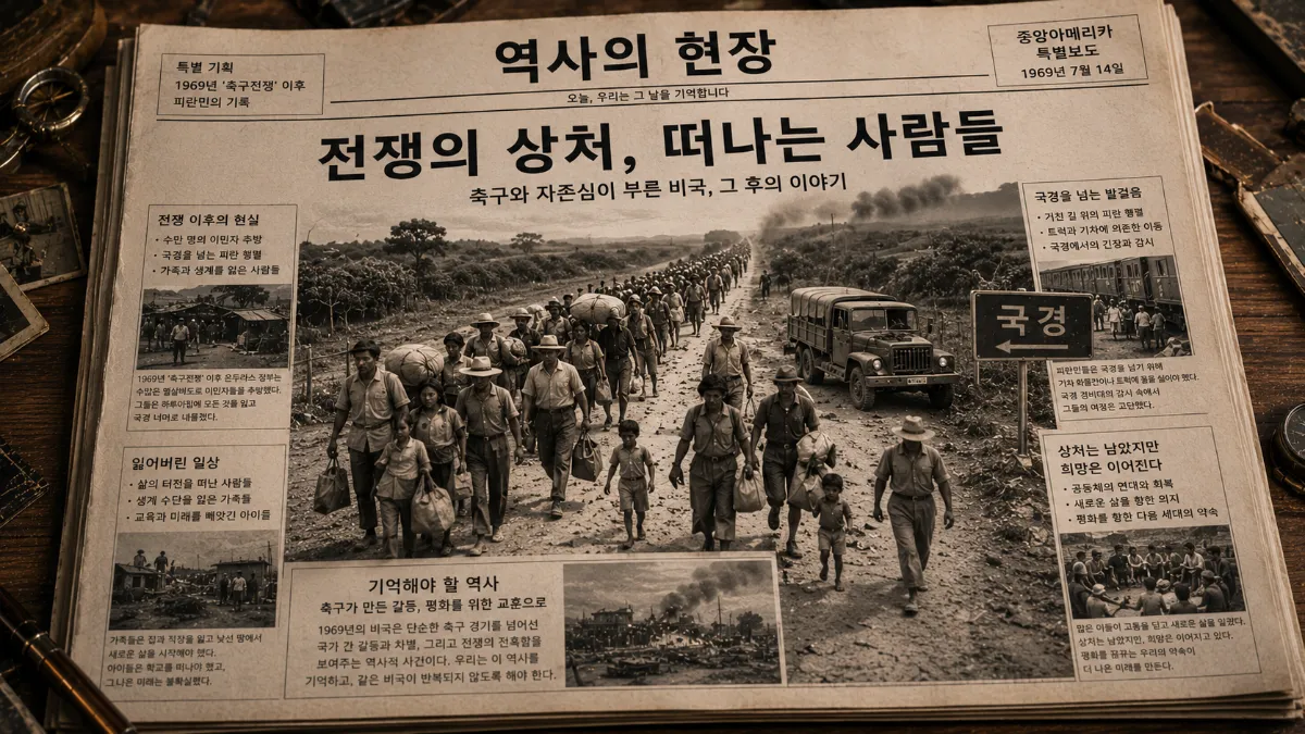 축구전쟁 이후 온두라스와 엘살바도르 국경을 넘는 피란민 행렬과 전쟁의 상처를 보여주는 디오라마 이미지
