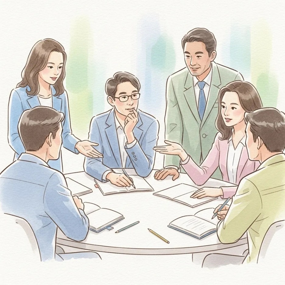 다양한 사람들이 모여 사회적 논의를 하는 장면