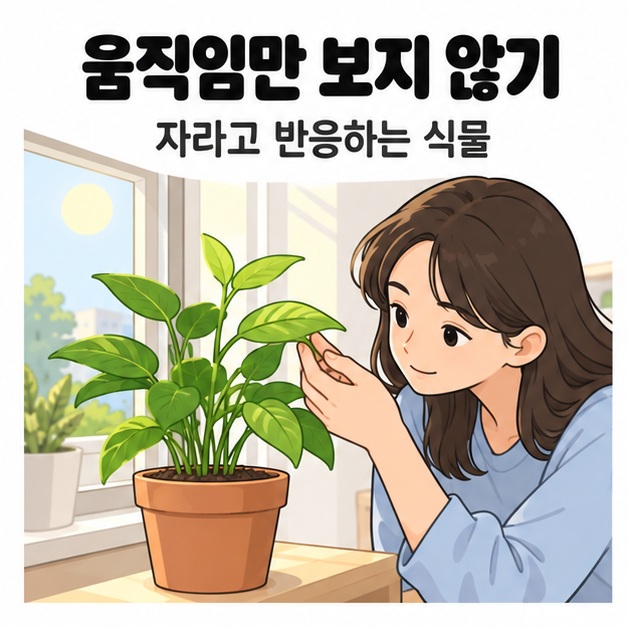 움직임만 보지 않기 문구 아래 여성이 햇빛이 드는 창가에서 화분 식물의 잎을 살펴보는 모습