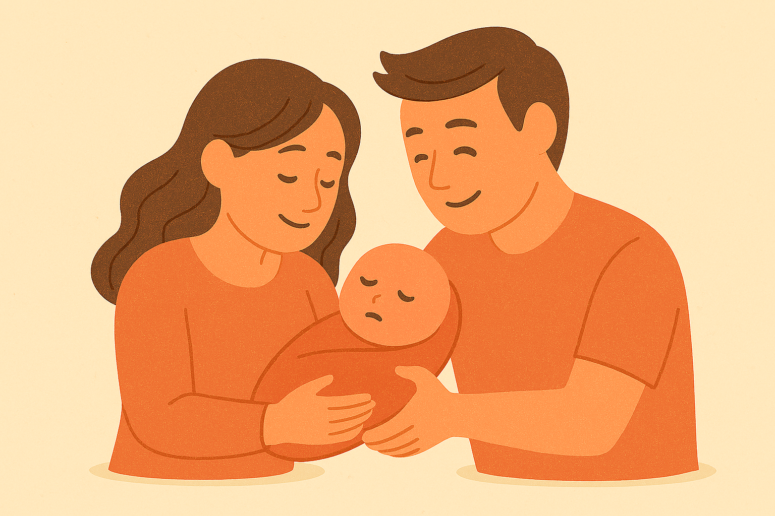 육아 스트레스 속에서도 서로를 이해하며 아기를 함께 안고 있는 부부의 따뜻한 순간