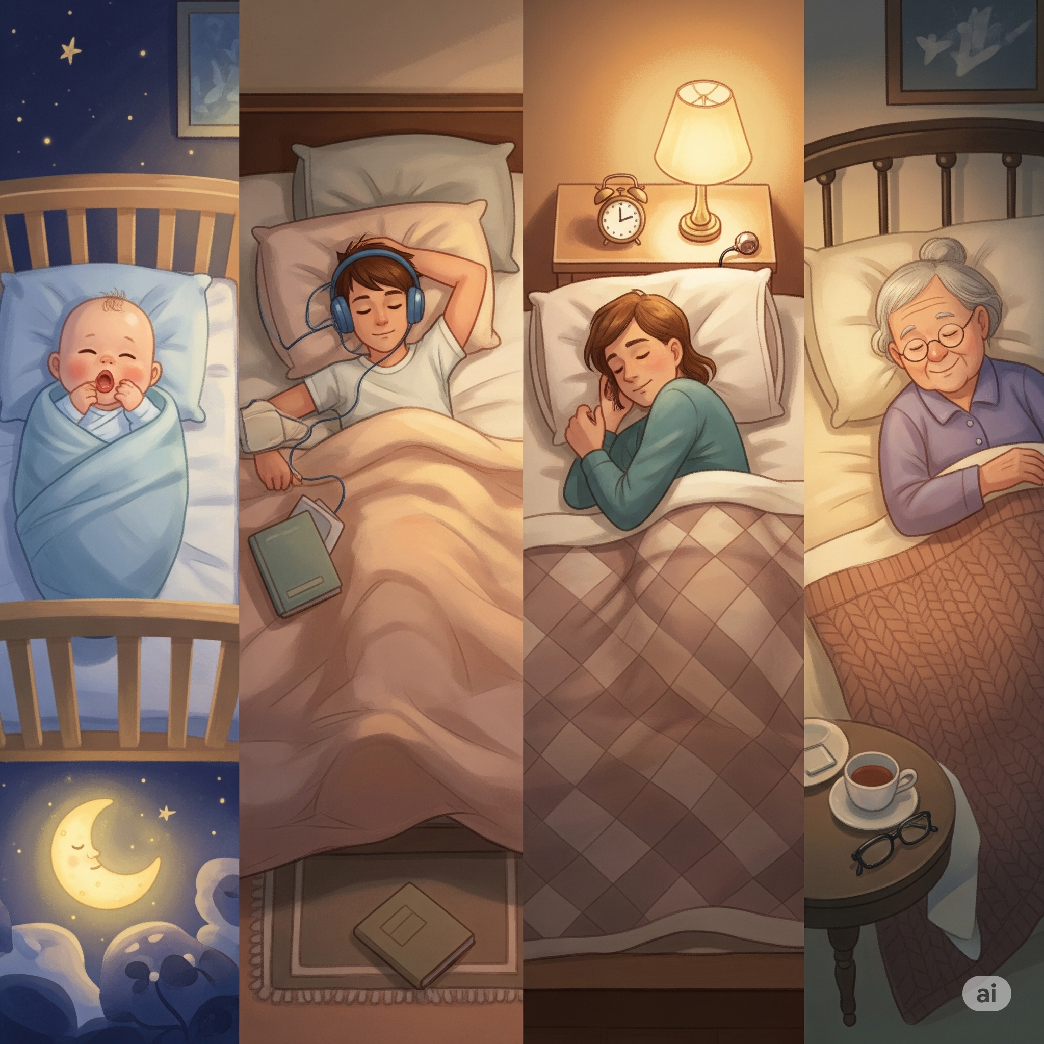 아기, 십대, 성인, 노년기 등 나이대별 수면 패턴을 보여주는 일러스트
