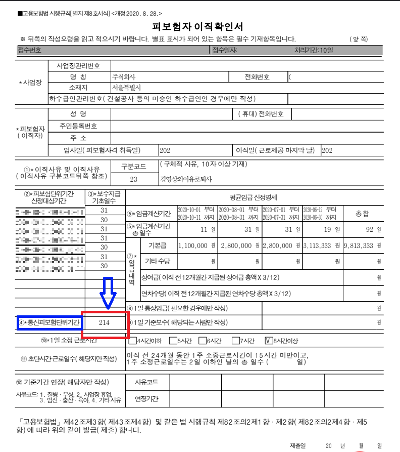 실업급여 피보험단위기간 이직확인서