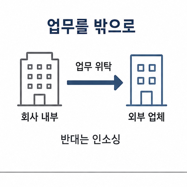 아웃소싱의 기본 구조, 회사 내부의 업무를 외부 업체에 위탁하는 흐름을 나타낸 그림