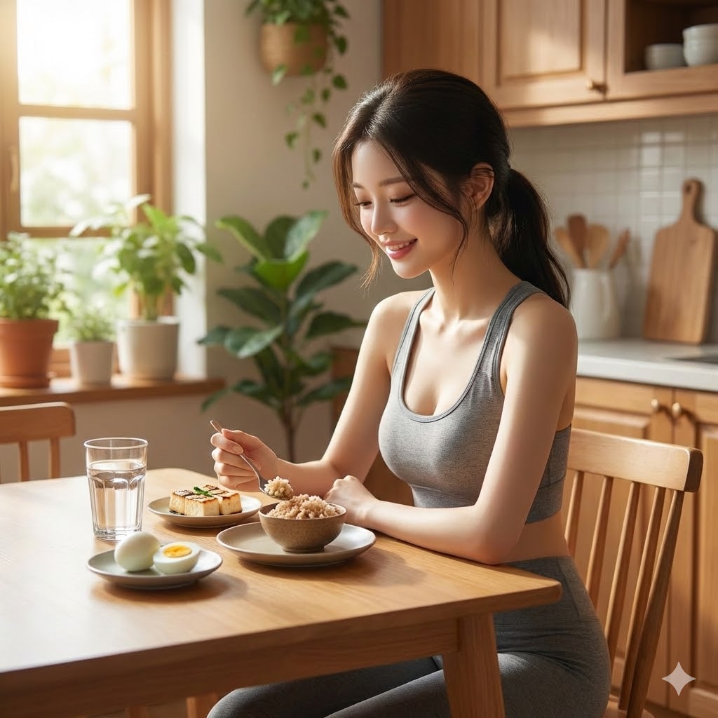 아침에 단백질 위주의 식사를 하고 있는 여성 사진