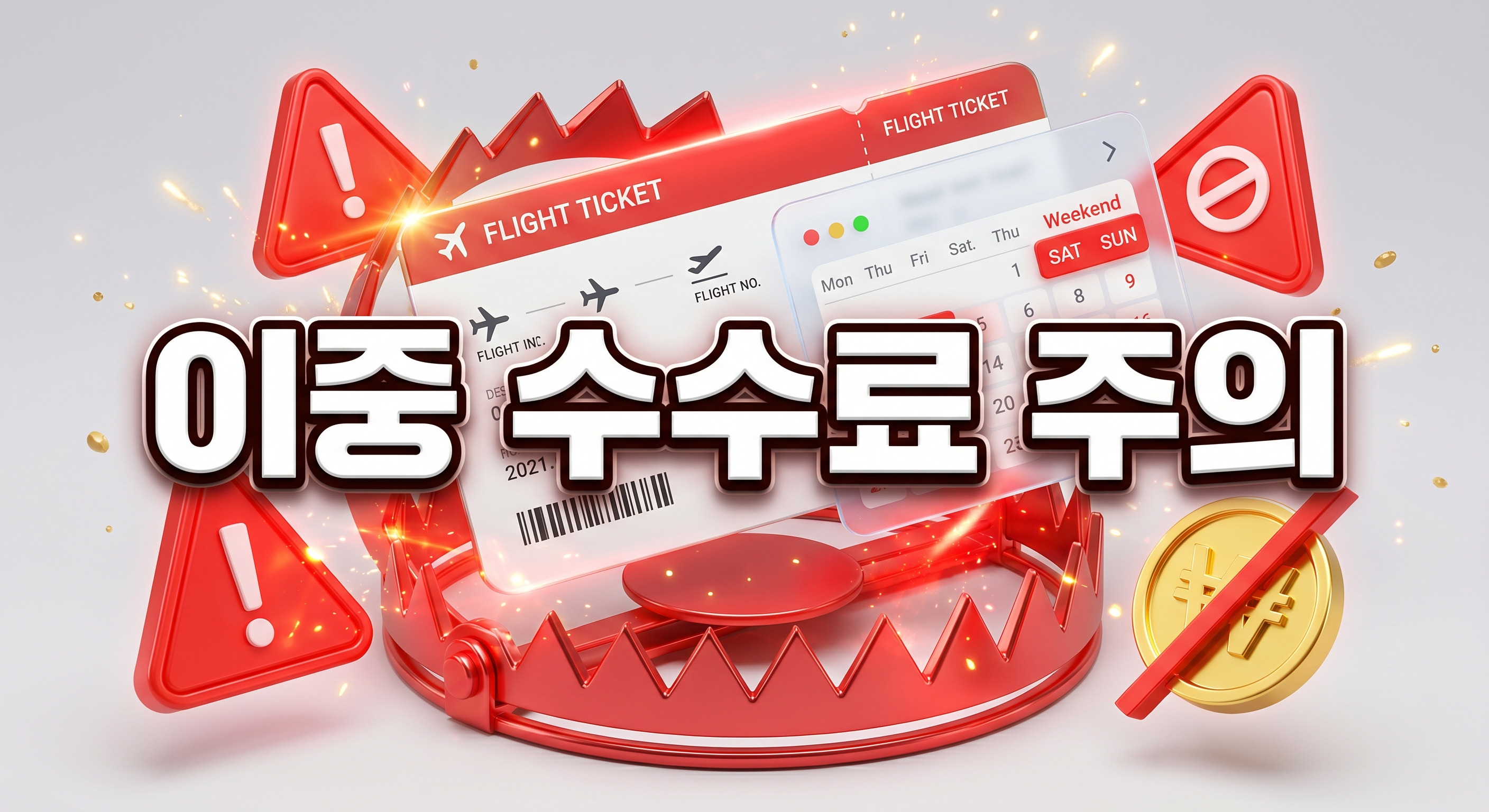 주말을 가리키는 디지털 달력이 겹쳐진 채 붉은색 강철 덫에 갇힌 디지털 항공권과 이중 수수료를 상징하는 붉은색 경고판, 베인 금화가 있는 3D 일러스트 배경에, 짙은 그림자와 외곽선으로 선명하게 강조된 '이중 수수료 주의'라는 한글 문구가 중앙에 적힌 이미지
