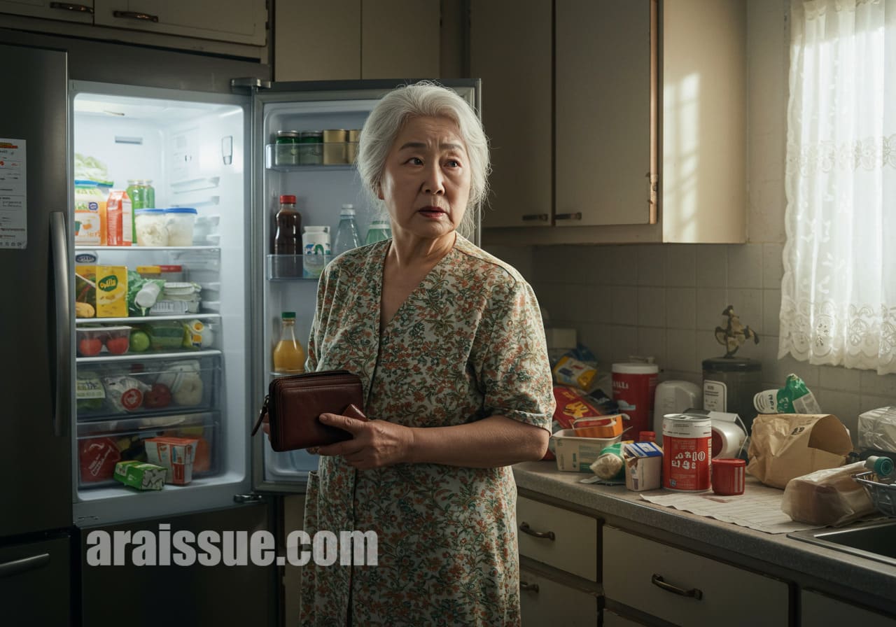 노인이 냉장고 안에 지갑을 넣으려는 상황처럼, 물건을 엉뚱한 장소에 두며 혼란스러워하는 모습입니다. 부엌에서 일상적인 상황처럼 연출되어 있으나 인지적 이상을 상징합니다.