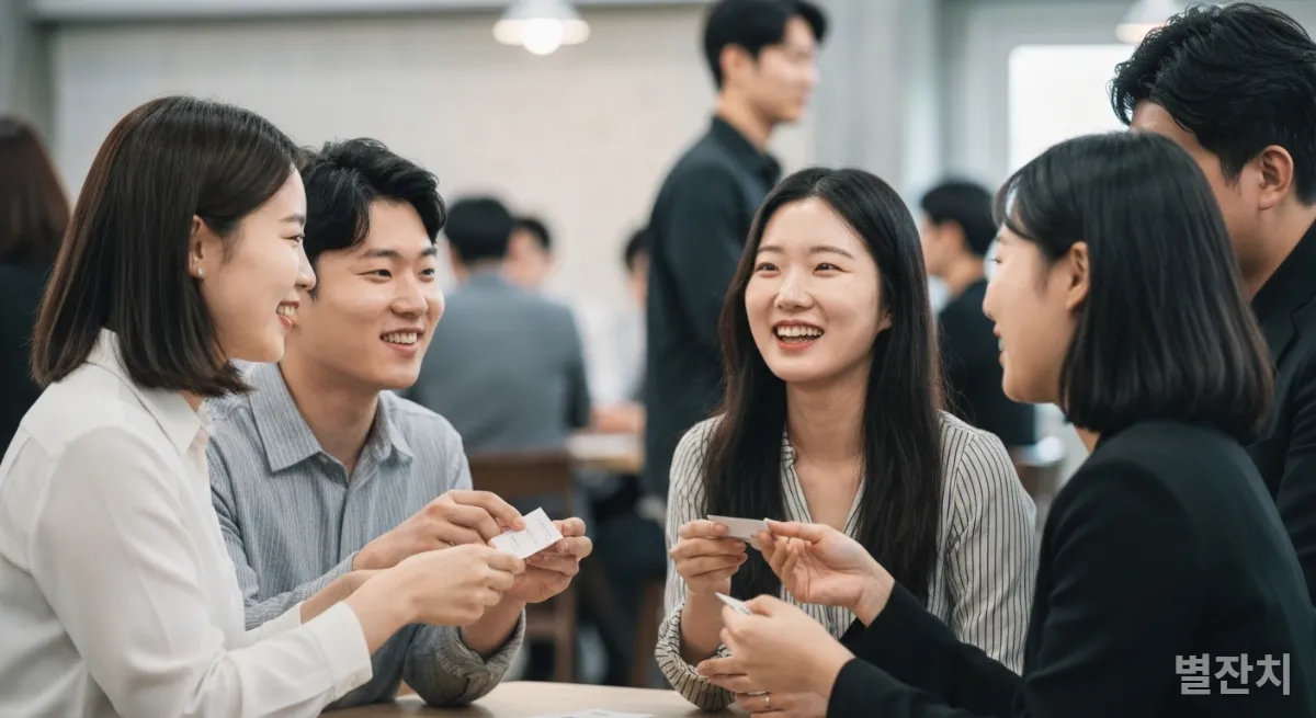 코워킹 스페이스에서 활발하게 네트워킹하는 한국인 직장인들