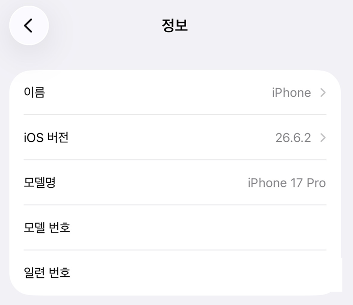 아이폰 설정 일반 정보 화면: 모델명 iPhone 17 Pro, iOS 버전 26.6.2 (2026년 10월 29일 운영자 촬영, 일련번호 가림)