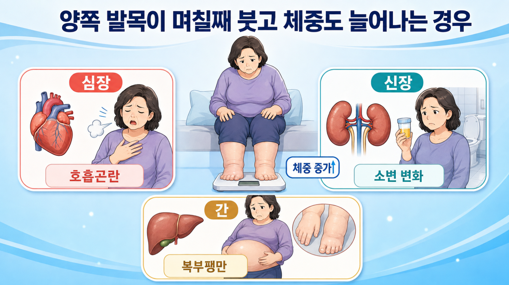 양쪽 발목 부종이 며칠째 지속되고 체중이 늘 때 심장&middot;신장&middot;간 관련 가능성 안내