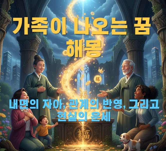 할아버지, 할머니 부터 아이까지 온가족이 한자리에 모여 있고 가운데 돈이 과 복이 하늘로 솟는 장면