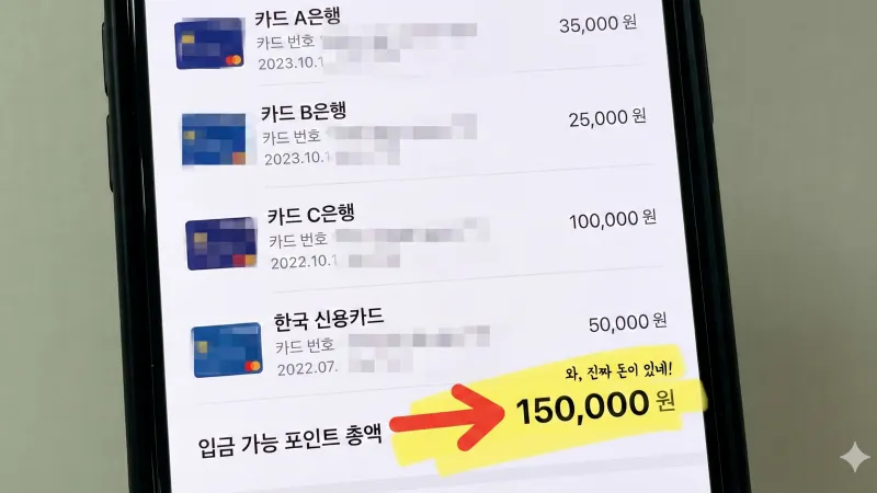 내 카드사별 포인트 잔액 조회 결과 리스트와 입금 가능 포인트 확인 화면