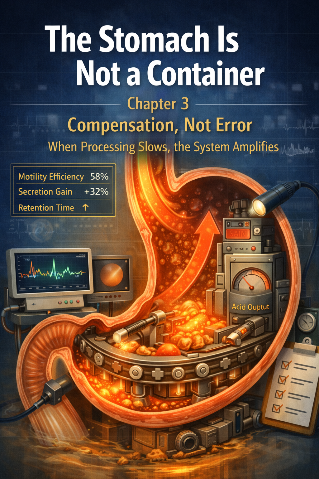 위장을 기계적 처리 시스템으로 표현한 단면 일러스트로, 위 운동성 저하 시 위산 분비가 증가하는 보상 반응을 시각화한다. 역류성 식도염을 단순 위산 과다가 아닌 처리 지연에 따른 증폭 메커니즘으로 설명하는 「위장은 저장소가 아니다」 3편 대표 이미지.