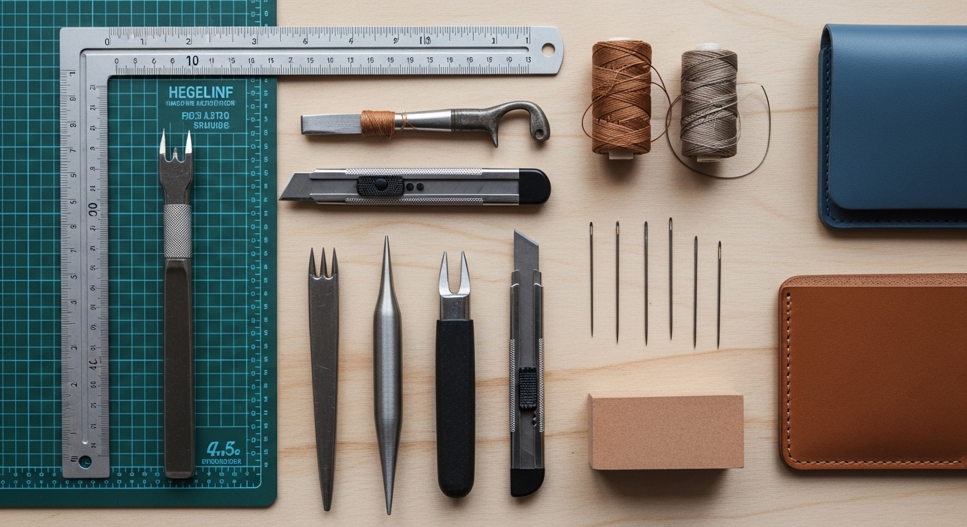 깔끔하게 정돈된 나무 테이블 위에 가죽 공예 도구들과 미완성 지갑이 놓여 있는 모습. 가죽 재단 매트, 재단칼, 스틸 자, 실, 바늘, 그리프 등이 보이며, 베지터블 가죽으로 만든 카드 지갑이 제작 중인 상태이다.