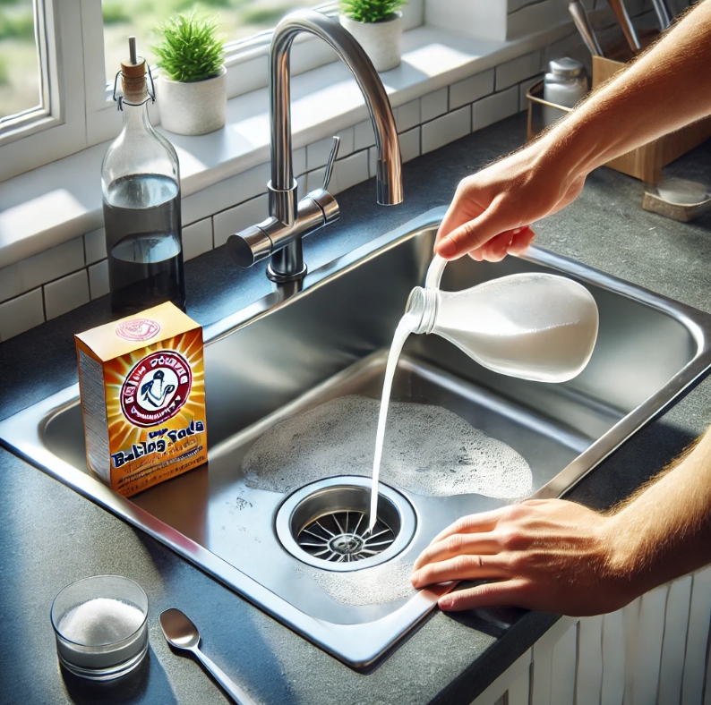 싱크대에 베이킹소다섞은 물 을 붓고 있는 모습