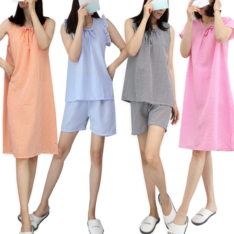 체크 지지미 나시 반팔 잠옷 세트 여성 잠옷 원피스 반바지 여자 파자마 여름 시어서커