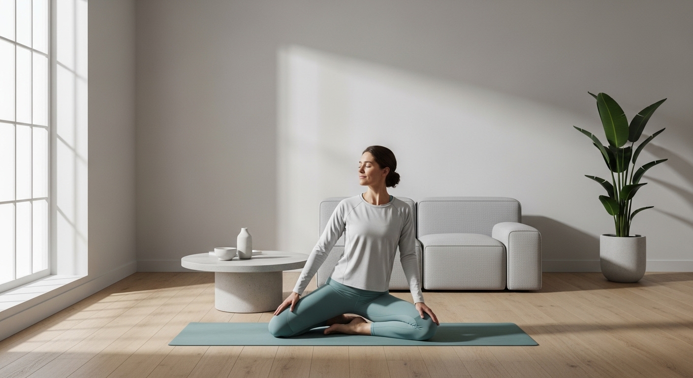 집에서 요가 자세를 취하며 스트레칭하는 사람의 평화로운 모습