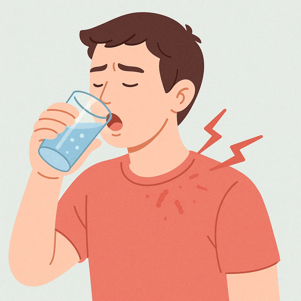 물을 마시는 중 가슴 부위에 따끔한 통증을 느끼는 남성의 일러스트, 속 쓰림 또는 자극을 표현
