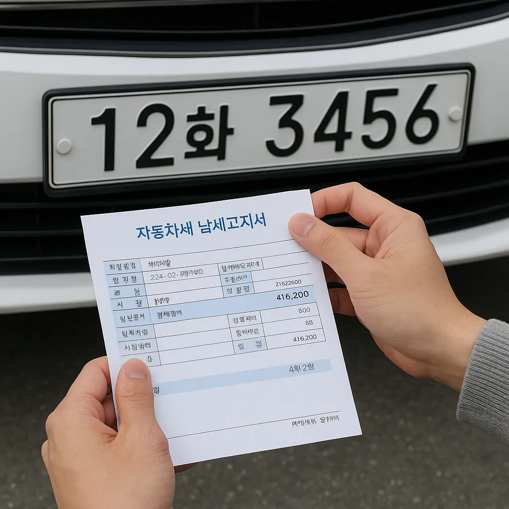 차량 앞 번호판과 자동차세 고지서를 함께 들고 있는 손의 클로즈업 장면