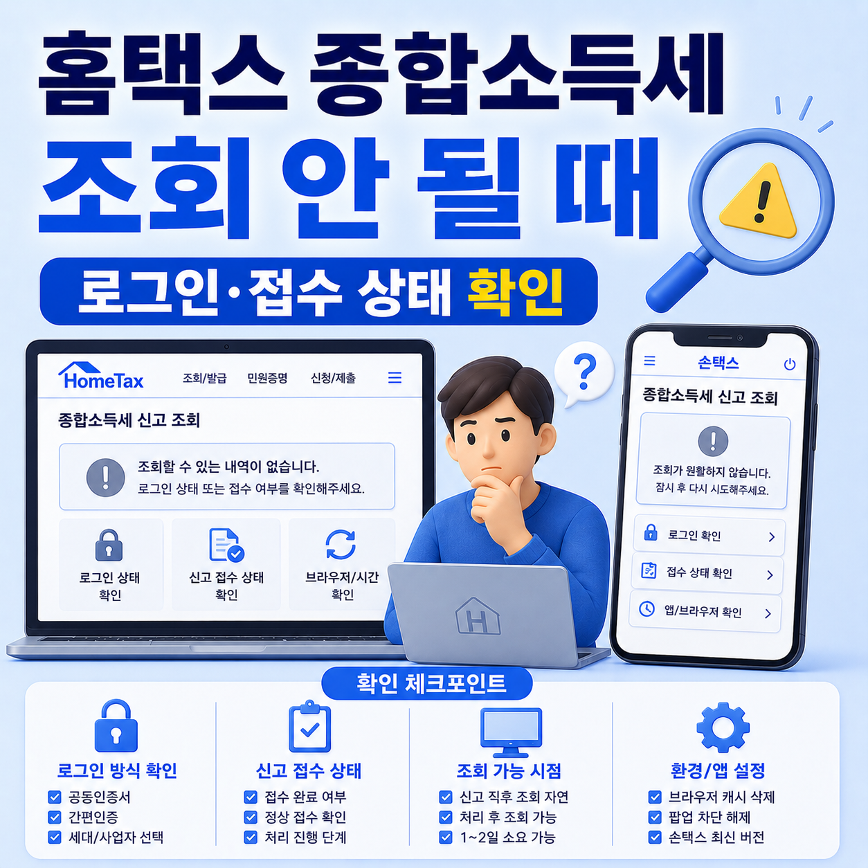 홈택스와 손택스에서 종합소득세 조회 오류를 확인하는 모습
