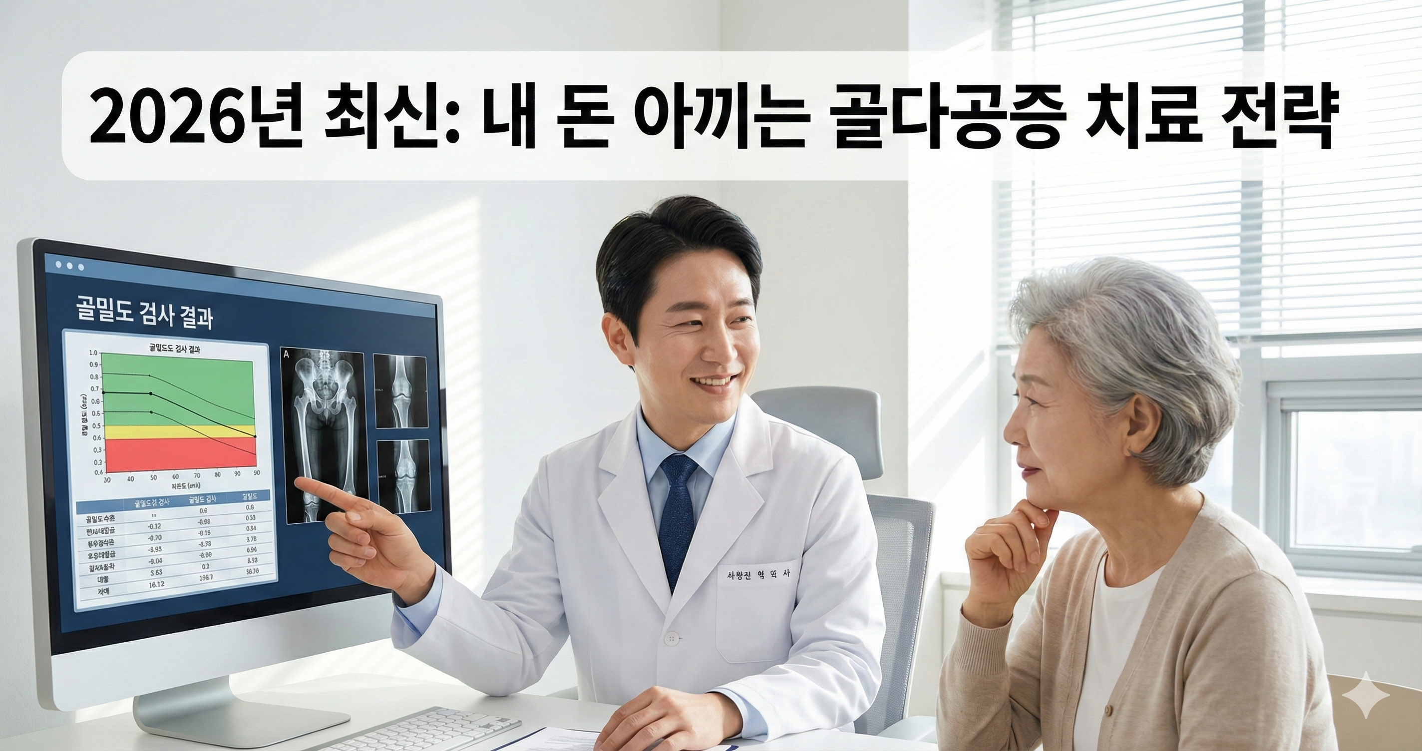 2026년 골밀도 검사 비용과 건강보험 급여 기준을 설명하는 의사와 환자 이미지