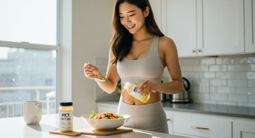 MCT오일를 샐러드에 넣고 있는 여자 이미지