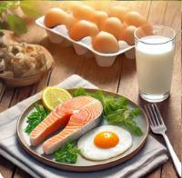 햇볕을 쬐는 사람과 비타민 D가 풍부한 음식