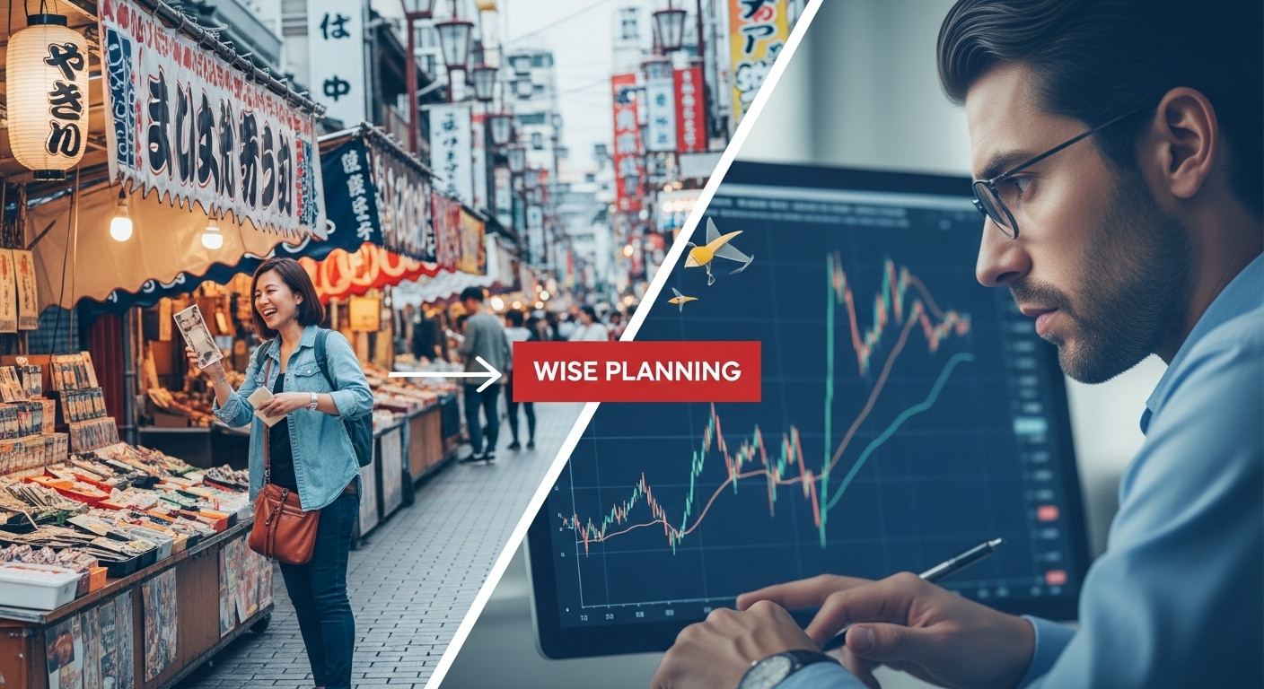 엔화 환율 변동성에 대비하는 여행객과 투자자의 현명한 전략을 나타내는 분할 이미지.