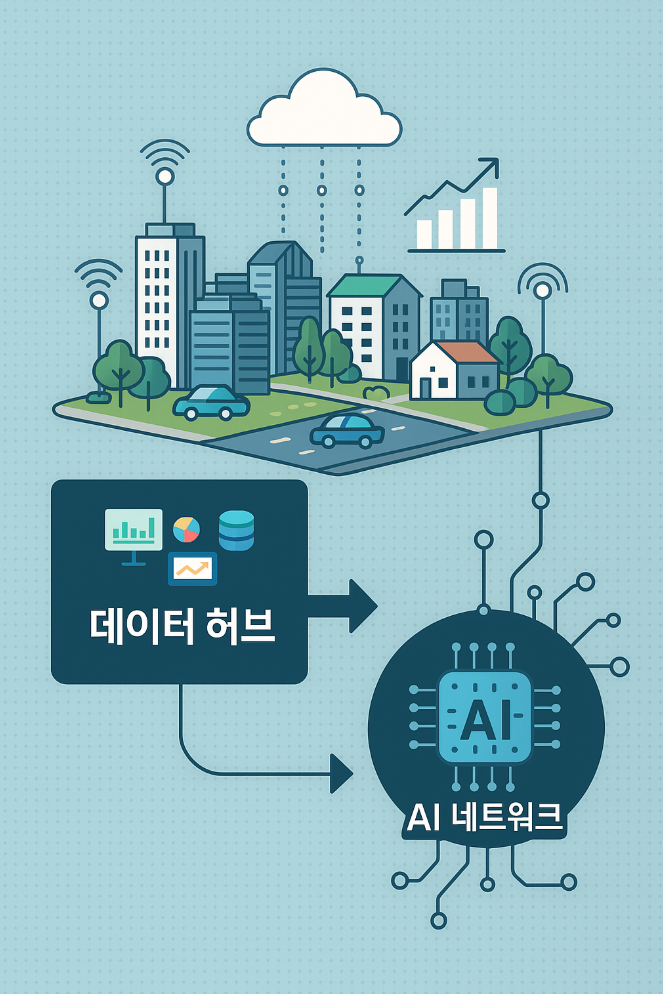 데이터 허브와 AI 네트워크가 연결된 스마트 도시 일러스트
