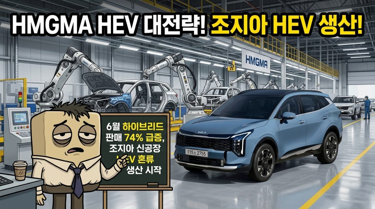 사진: [결론 요약] 현대자동차그룹 HMGMA 조립 라인 배경 차를 쓰다 에디터 및 스포티지 HEV 실물 슬라이드