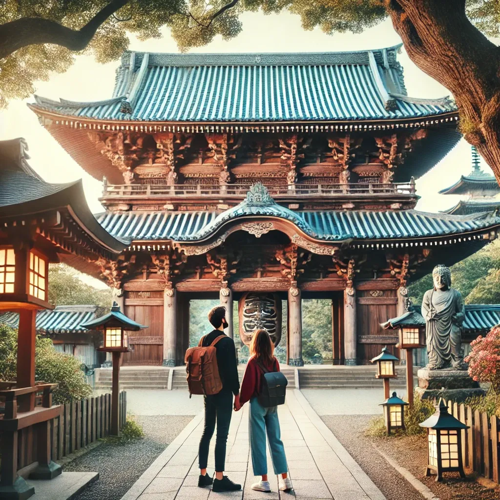 커플이 후쿠오카의 전통 사원 앞에서 나무문을 바라보며 사원 건축물을 감상하는 모습.