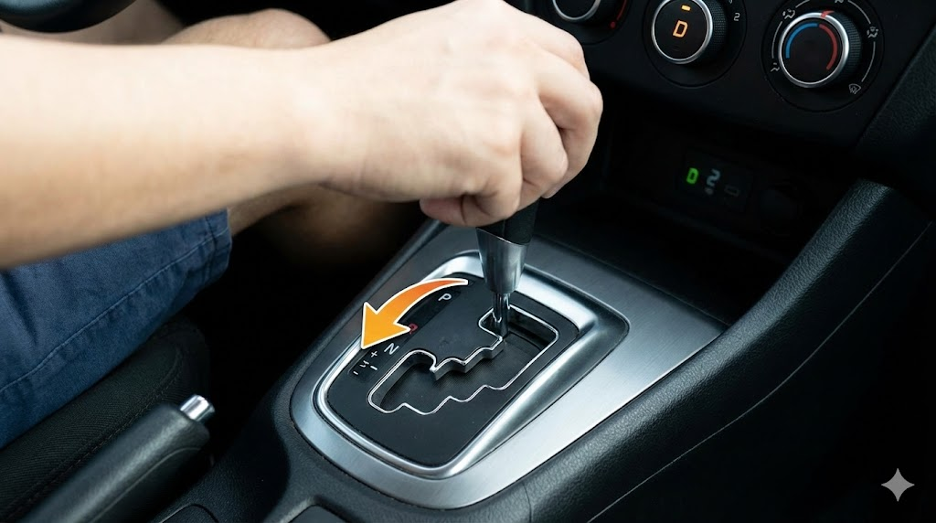 눈길 감속을 위해 자동차 기어를 수동 모드로 조작하여 엔진 브레이크를 거는 모습