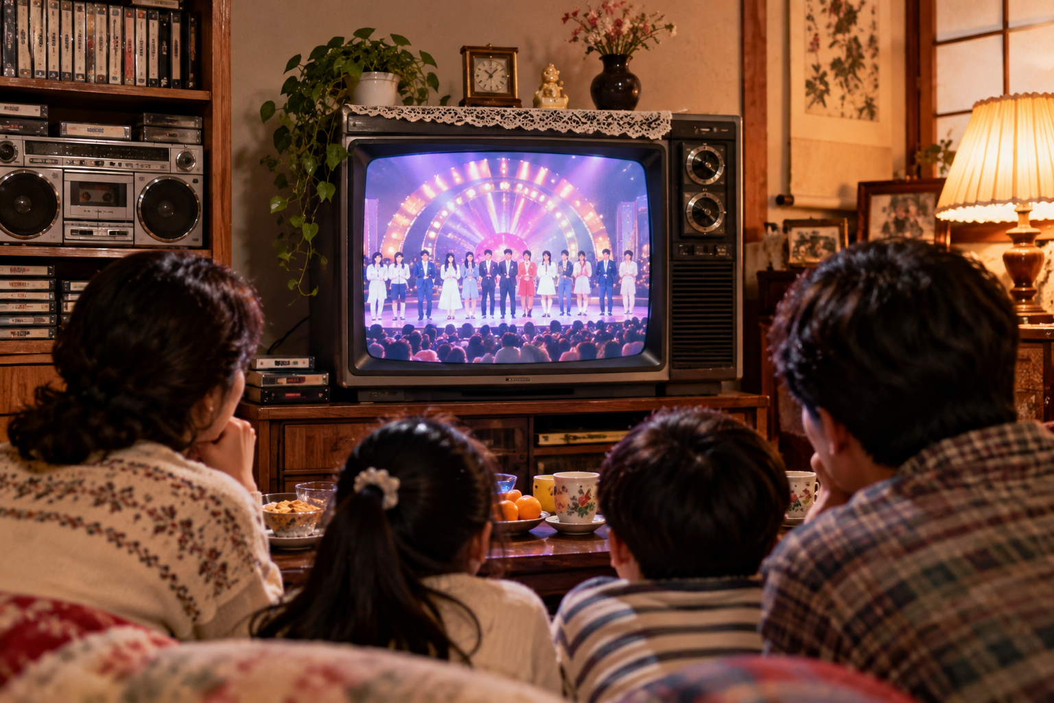 1980~90년대 브라운관 TV 앞에 모여 음악 순위 프로그램을 시청하던 모습을 표현한 이미지