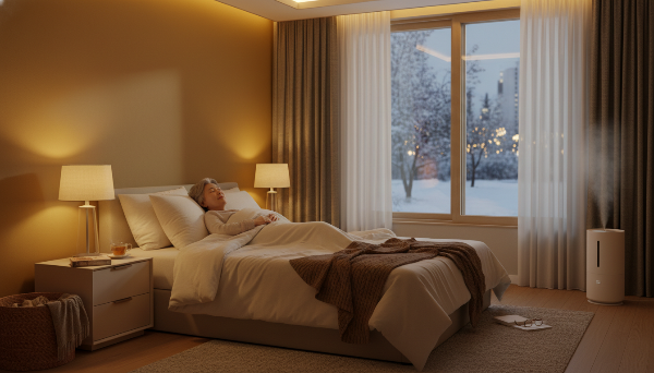 따뜻하고 포근한 침실에서 편안하게 잠든 시니어의 모습, 겨울철 숙면 환경의 중요성을 강조