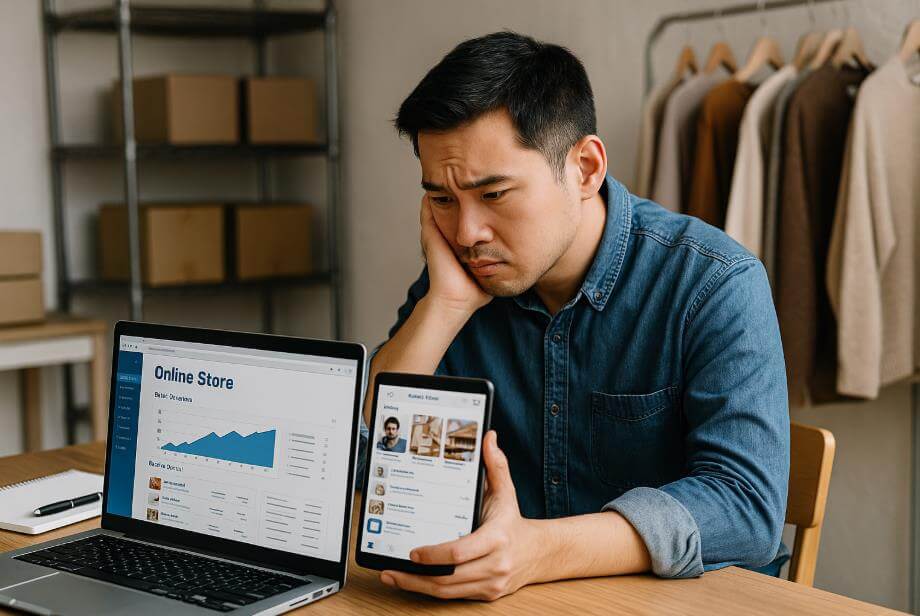 소상공인이 온라인 쇼핑몰 매출 화면을 보며 고민하는 모습