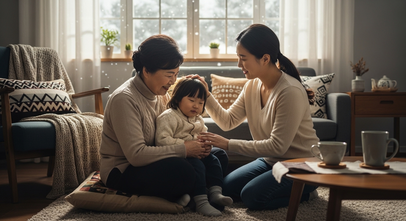 따뜻한 집 안에서 미소 짓는 기초수급자 가족의 모습, 긴급 난방비 지원으로 걱정 없이 겨울을 나는 장면.