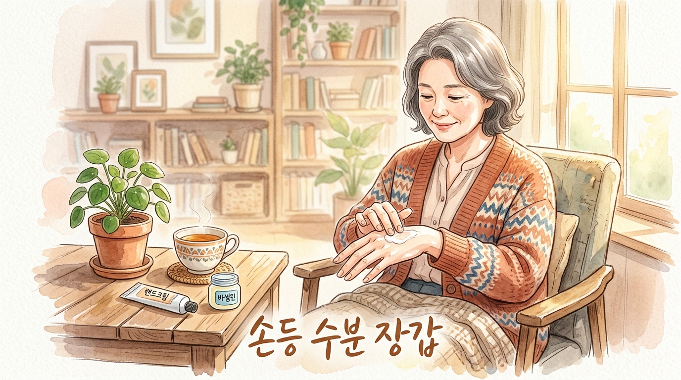 중년 여성이 손등 피부 관리를 위해 손등에 크림과 바세린을 섞어 바르고 있는 모습.