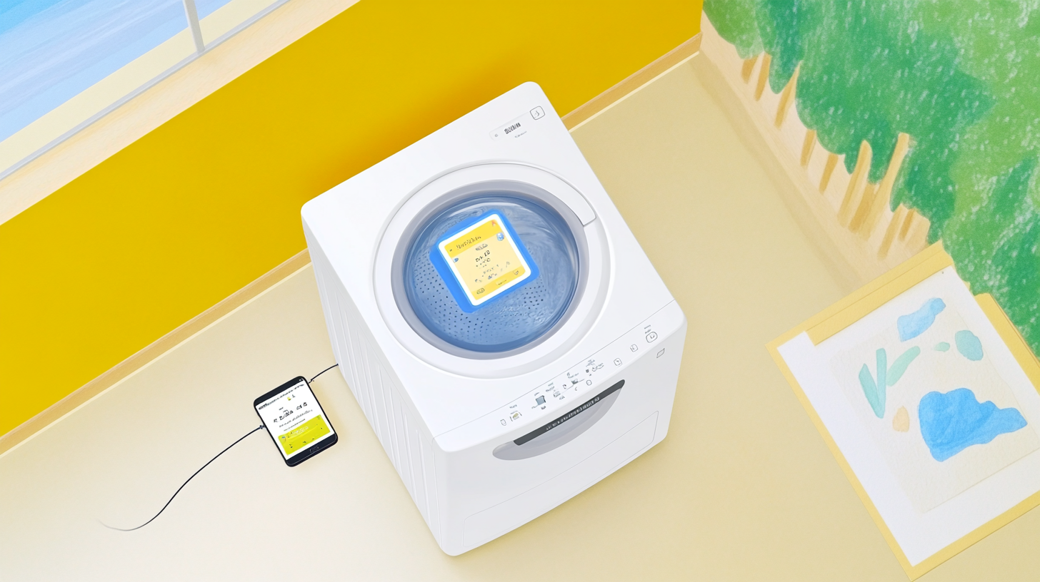 스마트폰과 연결된 삼성 세탁기의 윗면 보기, 스마트 제어 기능과 실시간 업데이트를 설명한다.