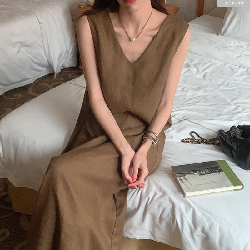 나루 린넨 브이넥 민소매 백리스 롱원피스 2col 여름 봄 맥시 루즈핏 나시 제이플로우